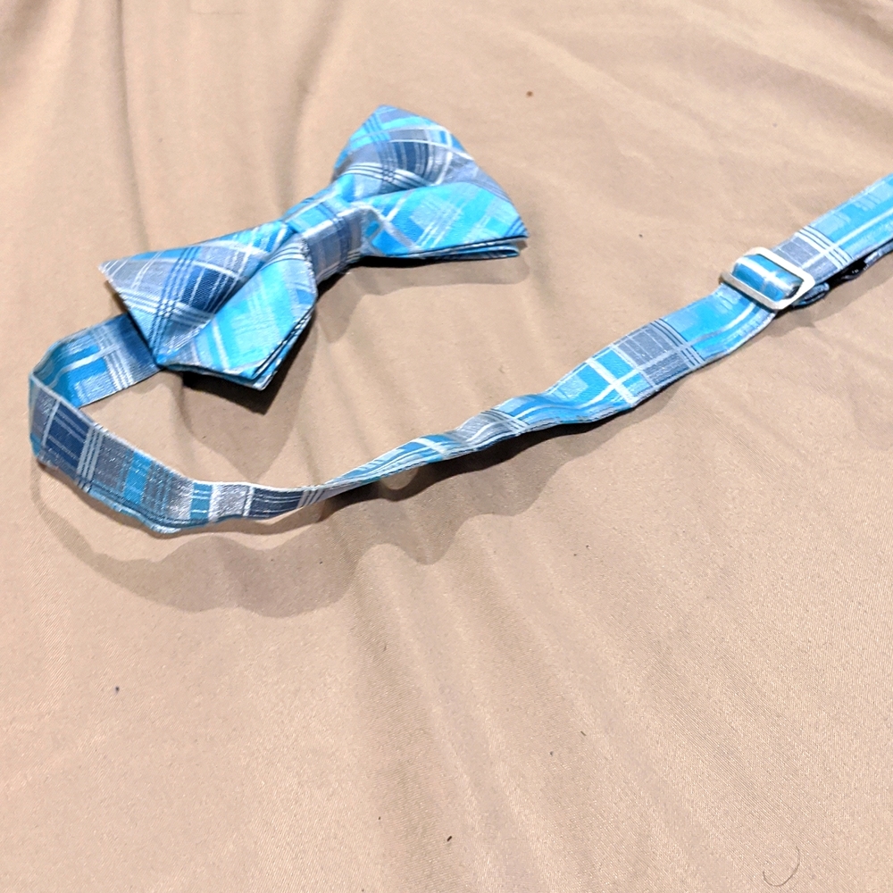 Blue and silver bow tie